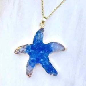 “Blue Druzy Starfish” Gold Dipped Geode Ocean Sea Marine Tropical Steel Necklace